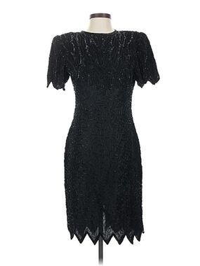 Laurence Kazar Black Beaded Midi Dress Cocktail M Petite Silk